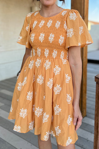 Marigold Cotton Smocked Embroidered Dress