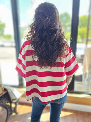 Red Striped Oversized Polo Shirt