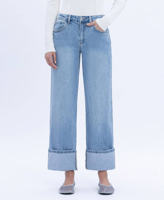High Rise Cuffed Baggy Straight Denim Jeans