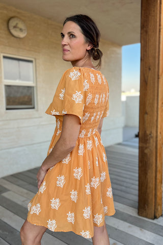 Marigold Cotton Smocked Embroidered Dress