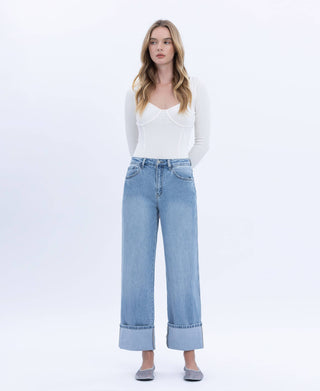 High Rise Cuffed Baggy Straight Denim Jeans