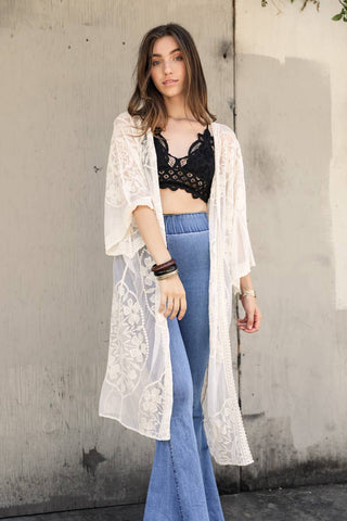 Contrast Mesh Cotton Lace Longline Kimono
