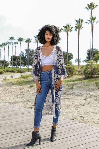 Contrast Mesh Cotton Lace Longline Kimono