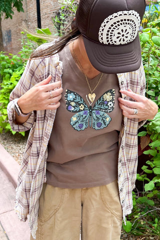 Women's Life Is Good Floral Butterfly Short Sleeve V-Neck Crusher Tee