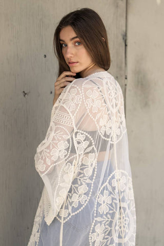 Contrast Mesh Cotton Lace Longline Kimono
