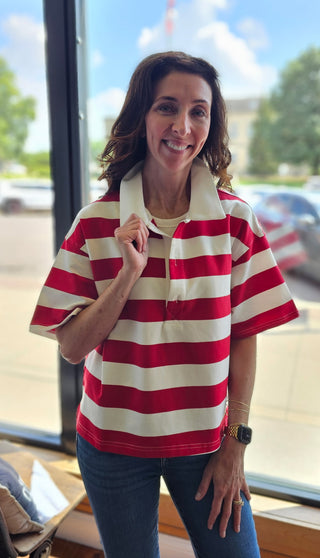 Red Striped Oversized Polo Shirt