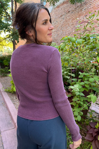 Plum Mineral Wash Waffle Knit Long Sleeve Top