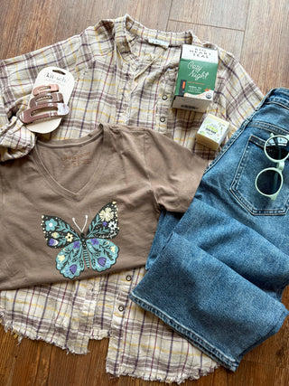 Women's Life Is Good Floral Butterfly Short Sleeve V-Neck Crusher Tee