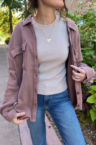 Chestnut Mineral Washed Waffle Knit Shacket