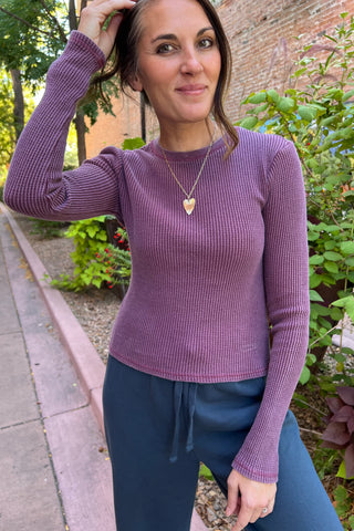 Plum Mineral Wash Waffle Knit Long Sleeve Top