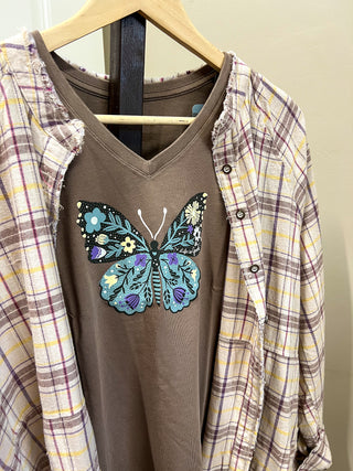 Women's Life Is Good Floral Butterfly Short Sleeve V-Neck Crusher Tee