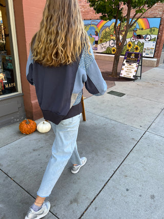 Denim Blue Mixed Prints Pullover