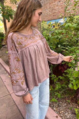 Embroidered Drop Sleeve Top