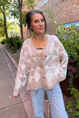 Beige Argyle Jacquard Sweater Cardigan