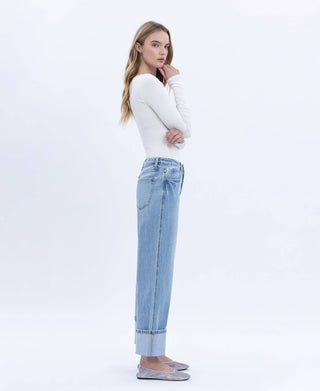 High Rise Cuffed Baggy Straight Denim Jeans