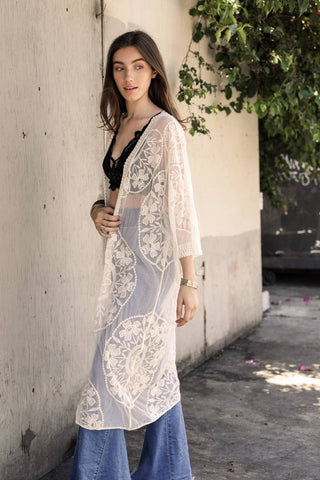 Contrast Mesh Cotton Lace Longline Kimono