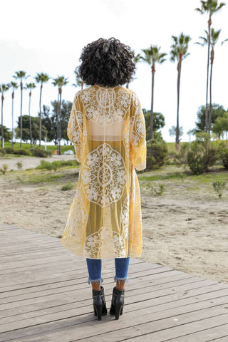 Contrast Mesh Cotton Lace Longline Kimono