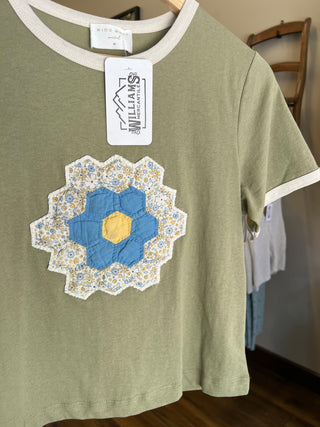 Green Fig Quilt Piece Short Sleeve Ringer Tee
