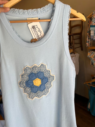 Sky Mist Quilt Piece Lace Trim Ribbed Tank Top