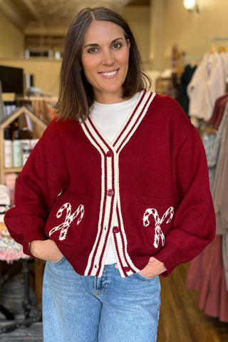 Burgundy Candy Cane Sweater Cardigan