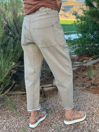Olive Striped Barrel Pants with Belt