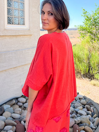Tomato Red Mineral Wash Poncho Slub Knit T-Shirt