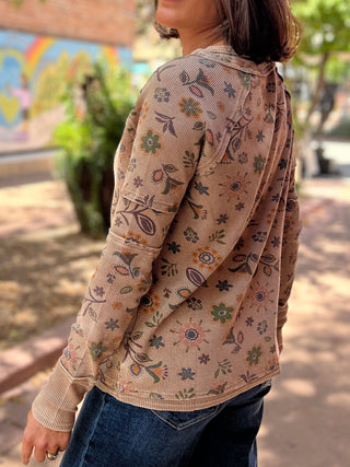 Mocha Floral Print Henley Long Sleeve