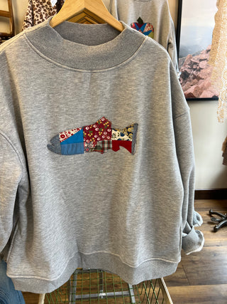 Trout Vintage Quilt Applique Mock Neck Sweatshirt