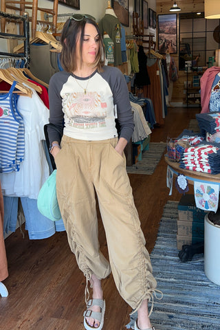 Washed Drawstring Detail Pants in Camel