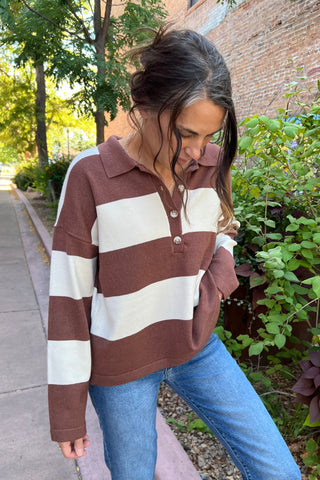 Brown Striped Sweater With Polo Collar