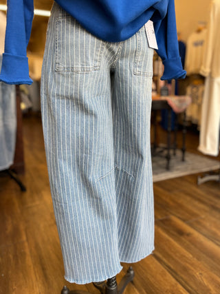 High Rise Striped Raw Hem Barrel Jeans