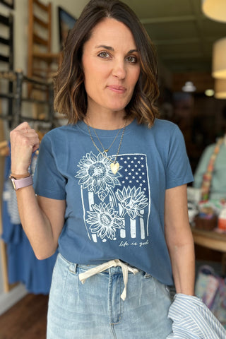 Women's Life Is Good Sunflower Flag Short Sleeve Tee