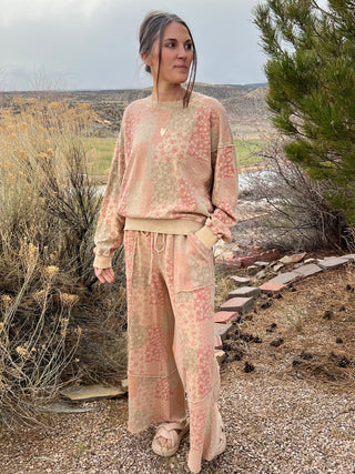 Floral Patchwork Print Washed Terry Pullover