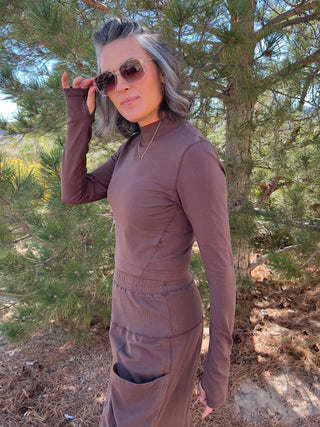 Mocha Cotton Lycra Mock Neck Crop Long Sleeve