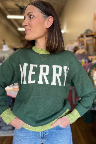 Green Crew Neck "MERRY" Sweater