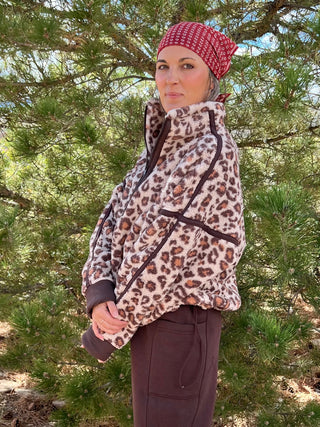 Leopard Print Sherpa Quarter Zip Jacket