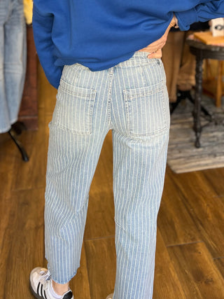 High Rise Striped Raw Hem Barrel Jeans