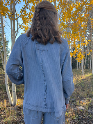 Dusty Blue Mineral Washed Waffle Raglan Top