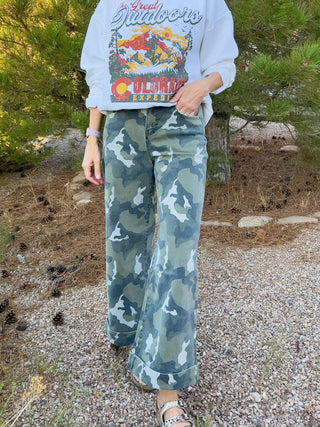 High-Rise Wide Leg Crop Cuffed Camouflage Denim