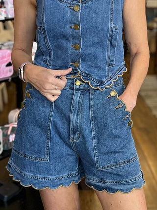 Scallop Button-Side Stretch Denim Shorts
