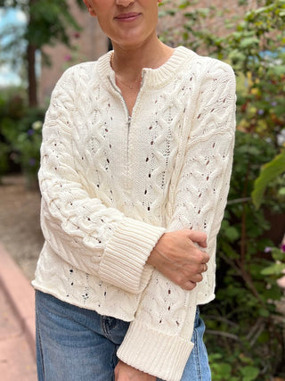 Cream Cable-Knit Half-Zip Cuffed Sweater