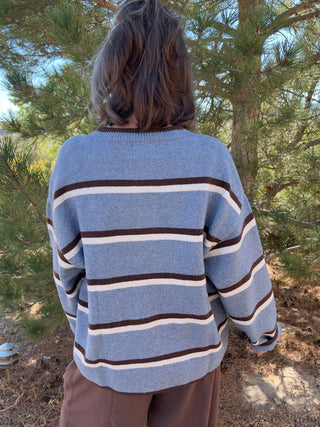 Blue Heathered Stripe Knit Cardigan Sweater