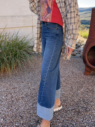 Dark Wash Two Toned Hem Seamed Wide Leg