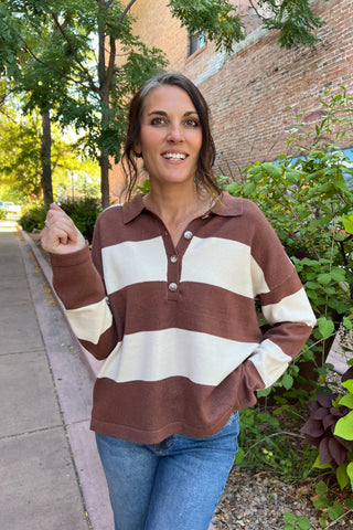 Brown Striped Sweater With Polo Collar