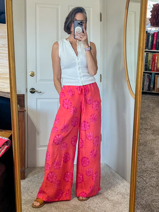 Red Orange Floral-Print Wide-Leg Drawstring Pocket Pants