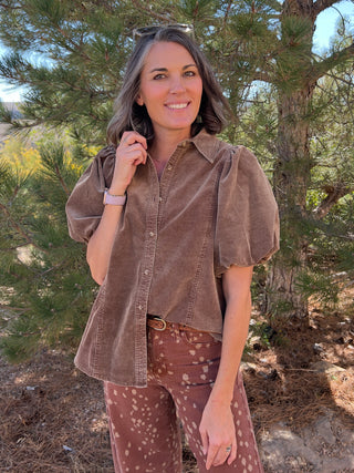 Mocha Bubble-Sleeve Baby Corduroy Blouse