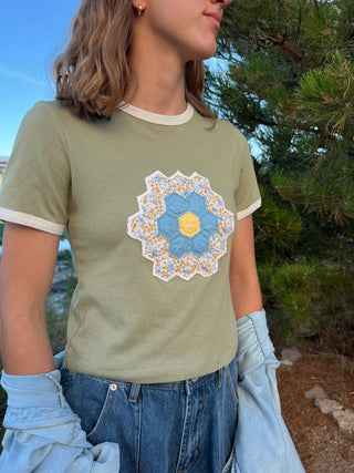 Green Fig Quilt Piece Short Sleeve Ringer Tee