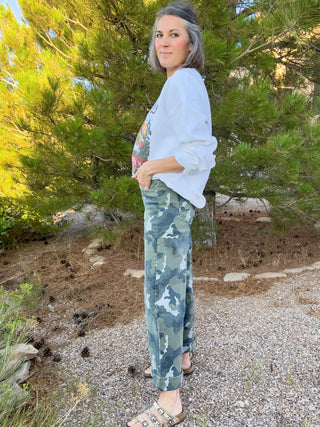 High-Rise Wide Leg Crop Cuffed Camouflage Denim