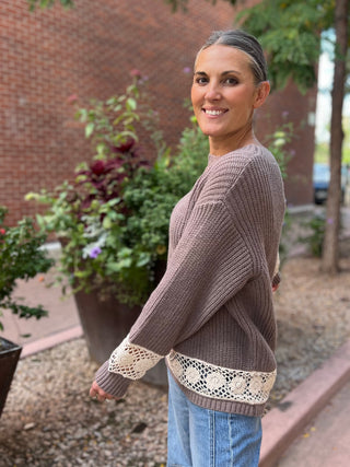 Mocha Crochet Hem Knit Sweater