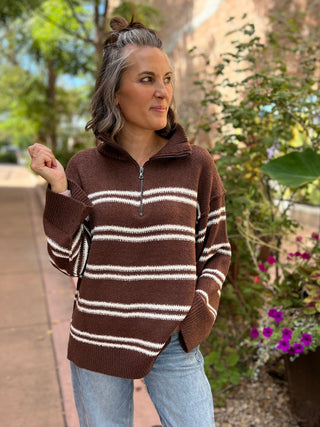 Chocolate Striped Knit Quarter-Zip Sweater